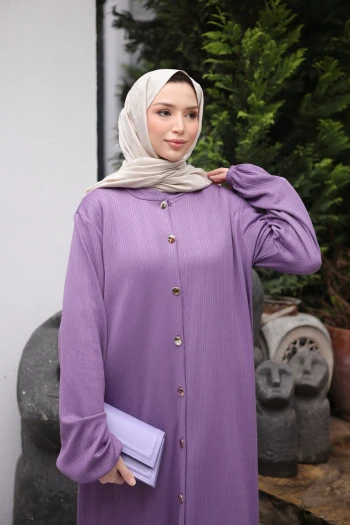 Lila Düğmeli Tunik Pantolonlu Bürümcük Takım