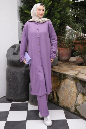 Lila Düğmeli Tunik Pantolonlu Bürümcük Takım