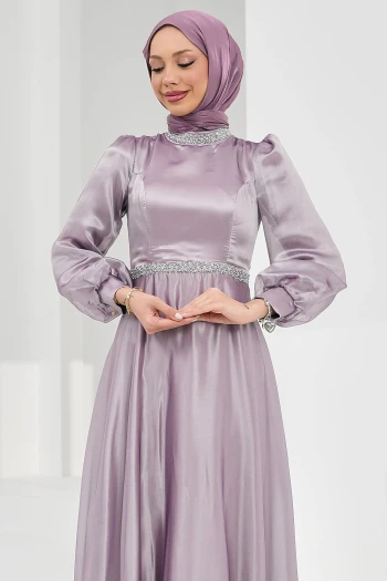 Lila Yaka Bel Taşlı Balon Kol Abiye