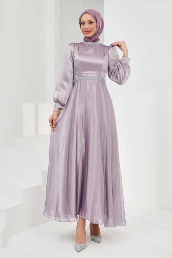 Lila Yaka Bel Taşlı Balon Kol Abiye