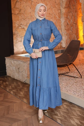 Mavi Bel Bağlamalı Eteği Katlı Kot Elbise