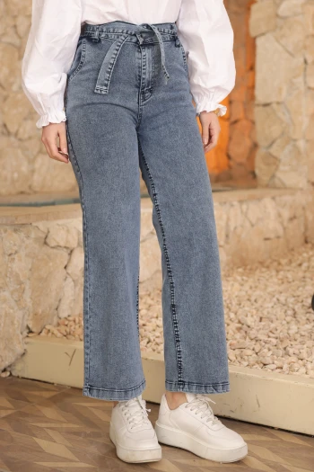 Mavi Bel Kuşaklı Bol Paça Kot Pantolon