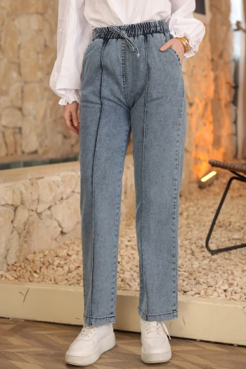 Mavi Bel Lastikli Çimalı Kot Pantolon