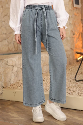 Mavi Beli Kuşaklı Bol Paça Kot Pantolon