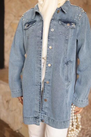 Mavi İnci İşlemeli Kot Ceket