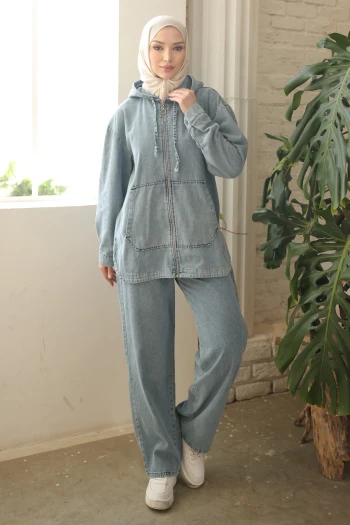 Mavi Kapşonlu Cepli Kot Ceket Pantolonlu Takım