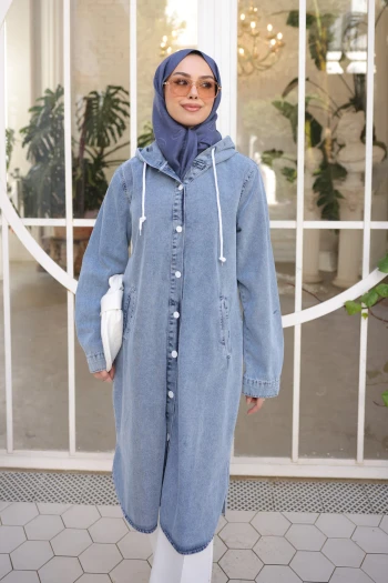 Mavi Kapşonlu Cepli Kot Kap