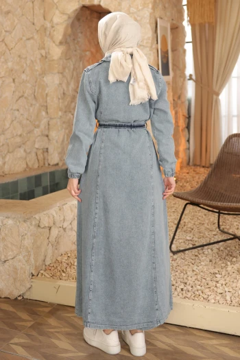 Mavi Kravuze Yaka Düğmeli Trençkot