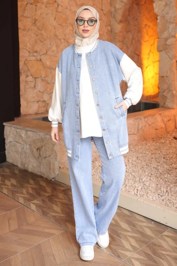 Mavi Sıfır Kol Bluz Ceket Pantolonlu 3'lü Kot Takım