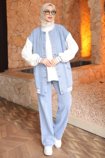 Mavi Sıfır Kol Bluz Ceket Pantolonlu 3'lü Kot Takım