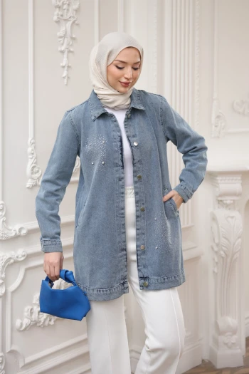 Mavi Taşlı Cepli Kot Ceket