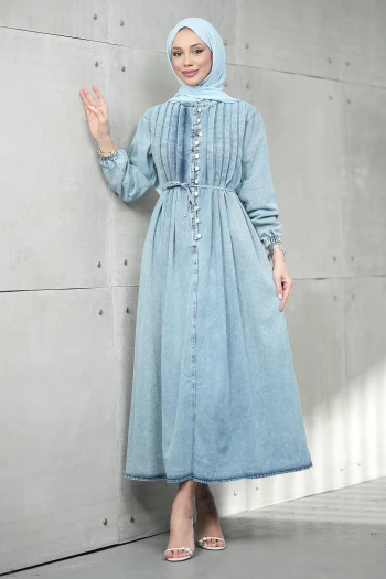 Mavi Yarım Düğmeli Pileli Kot Elbise