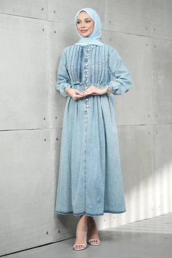Mavi Yarım Düğmeli Pileli Kot Elbise