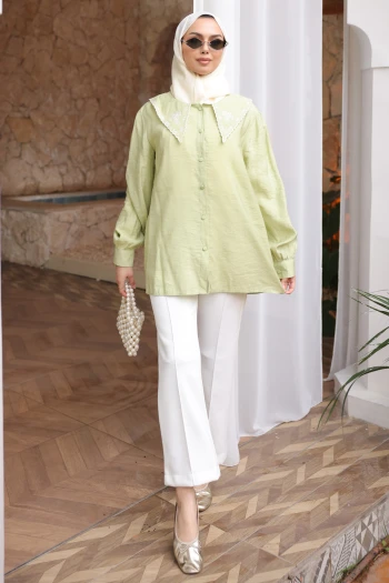Mint Yeşili NFC-5345 Yaka Nakışlı Düğmeli Gömlek