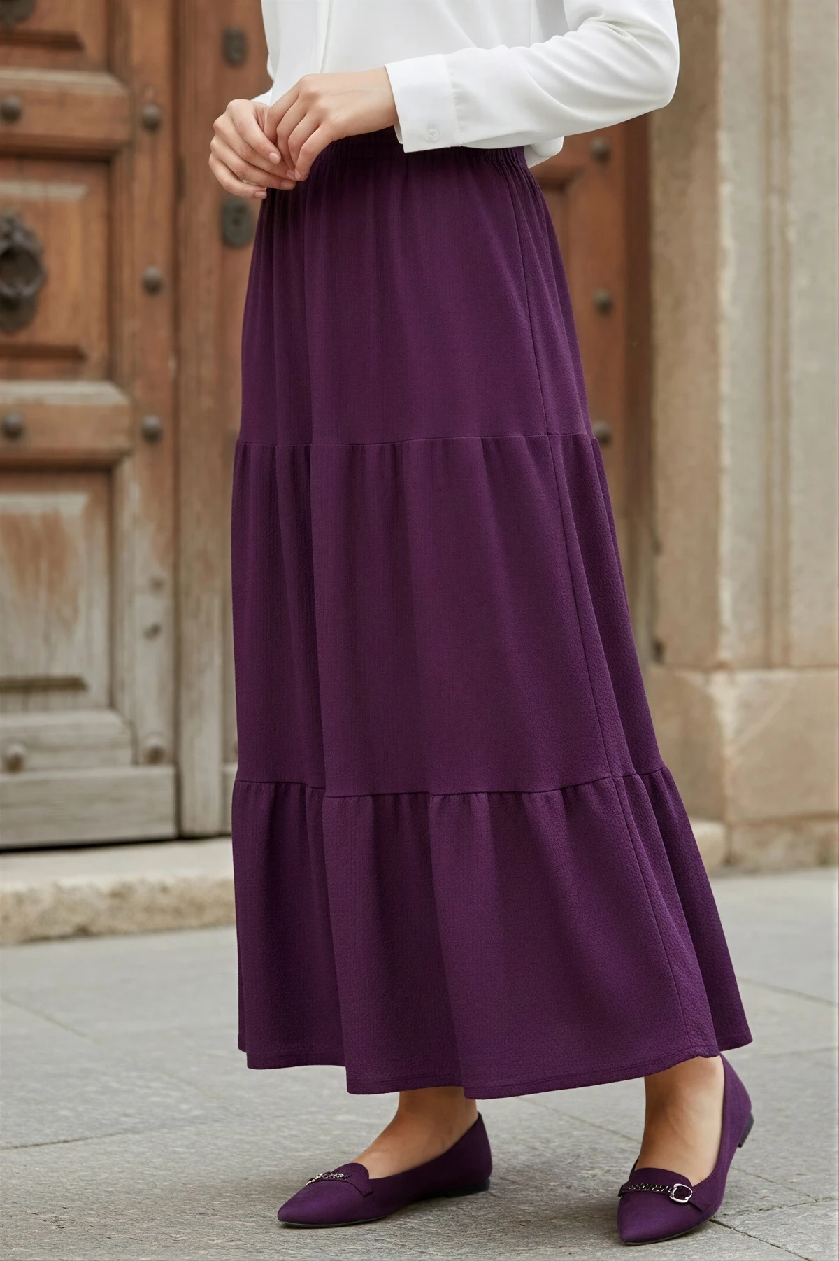Mor Eteği Katlı Bel Lastikli Bürümcük Etek