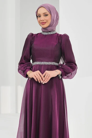 Mor Yaka Bel Taşlı Balon Kol Abiye