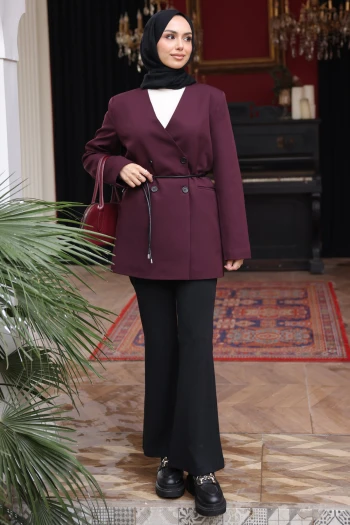 Mürdüm Bel Bağlamalı Düğmeli Ceket