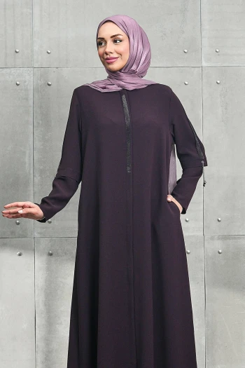 Mürdüm Bisiklet Yaka Taşlı Fermuarlı Ferace