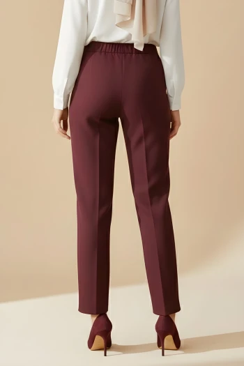 Mürdüm Çift Cepli Bel Lastikli kumaş Pantolon