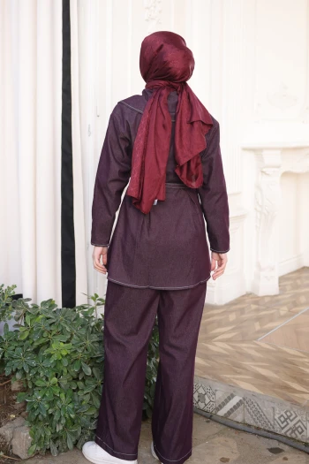 Mürdüm Fermuarlı Kemerli Ceket Pantolonlu Takım