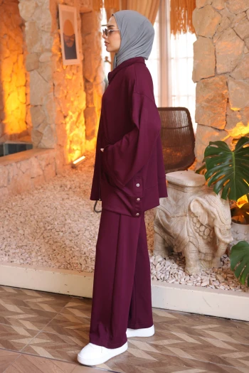 Mürdüm Fermuarlı Tunik Pantolonlu Modal Takım