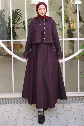 Mürdüm Kot Ceket Elbise İkili Kombin Takım