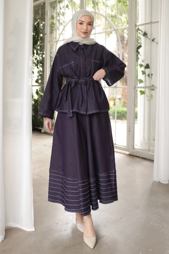 Mürdüm Kuşaklı Ceket Pantolonlu Kot Takım