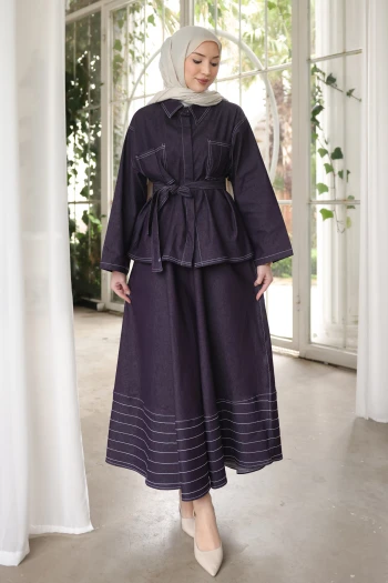 Mürdüm Kuşaklı Ceket Pantolonlu Kot Takım