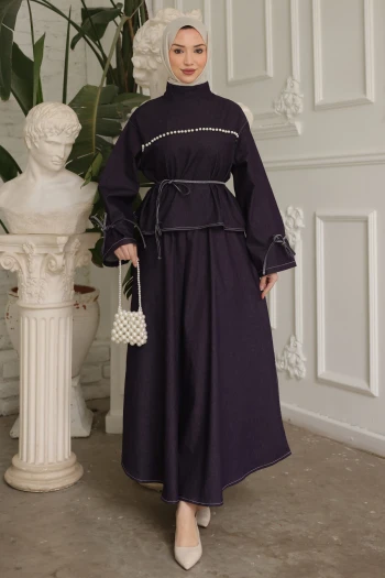 Mürdüm Önü İncili Bağlama Detaylı Etekli Kot Takım