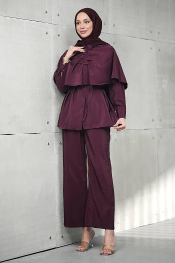 Mürdüm Pelerin Detaylı Tunik Pantolonlu Takım