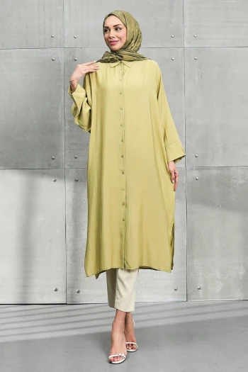 Olive Yanları Yırtmaçlı Düğmeli Tunik