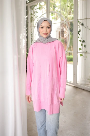 Pembe Bisiklet Yaka Soğuk İplik Triko Tunik