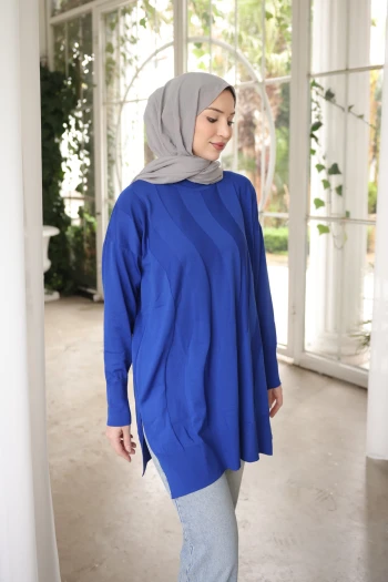 Saks Mavi Bisiklet Yaka Soğuk İplik Triko Tunik