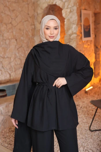 Siyah Atkı Detaylı Tunik Pantolonlu Takım