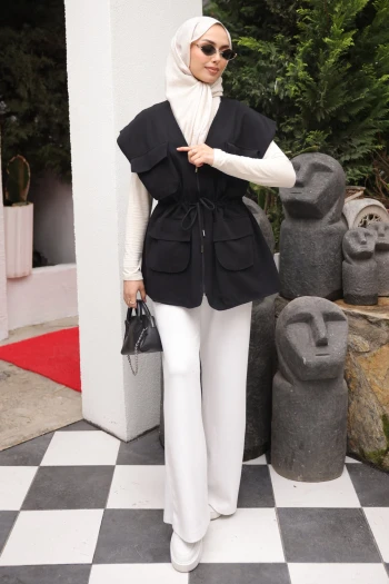 Siyah Bel Bağlamalı Cepli Astarlı Gabardin Yelek