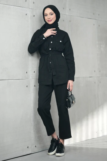 Siyah Bel Bağlamalı Cepli Ceket Pantolonlu Kot Takım