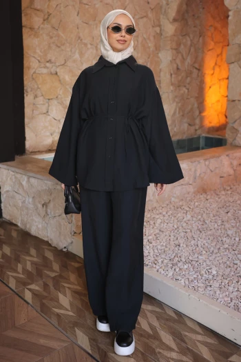 Siyah Bel Bağlamalı Tunik Pantolonlu Modal Takım