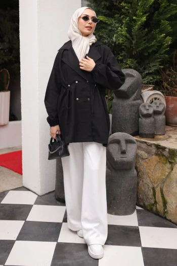 Siyah Bel Lastikli Kruvaze Yaka Ceket