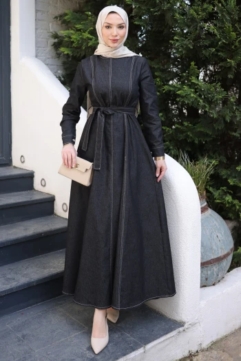 Siyah Bisiklet Yaka Kuşaklı Kot Elbise