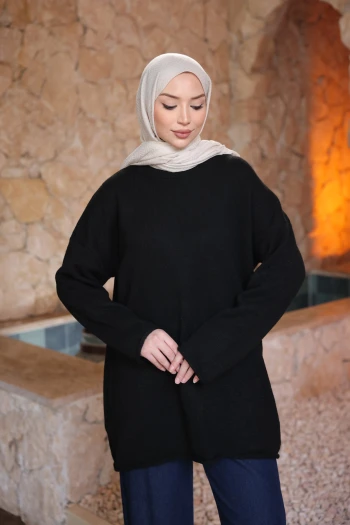 Siyah Bisiklet Yaka Oversize Triko Kazak