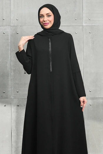 Siyah Bisiklet Yaka Taşlı Fermuarlı Ferace