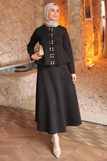 Siyah Eteği Volanlı Bluz Etekli Scuba Takım