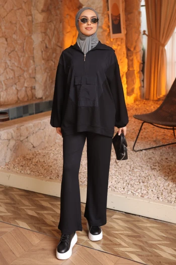 Siyah Garnili Tunik Pantolonlu Modal Takım