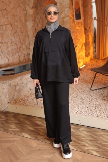 Siyah Garnili Tunik Pantolonlu Modal Takım