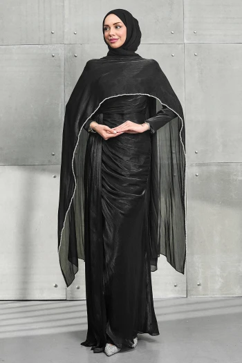 Siyah İnci Pelerinli Önü Büzgülü Abiye