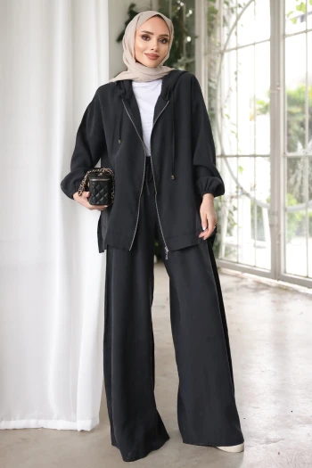 Siyah Kapüşonlu Bol Paça Ceket Pantolonlu Takım