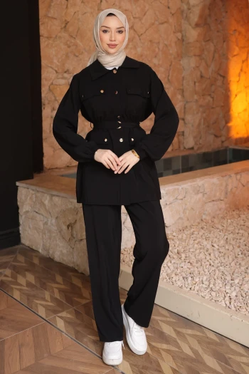 Siyah Kemerli Tunik Pantolonlu Modal Takım