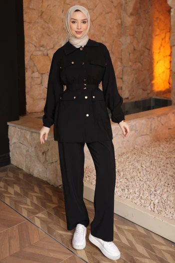 Siyah Kemerli Tunik Pantolonlu Modal Takım