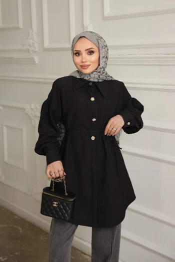 Siyah Kendinden Desenli İp Detaylı Gömlek