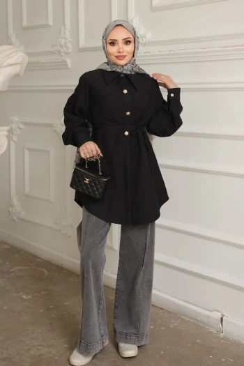 Siyah Kendinden Desenli İp Detaylı Gömlek